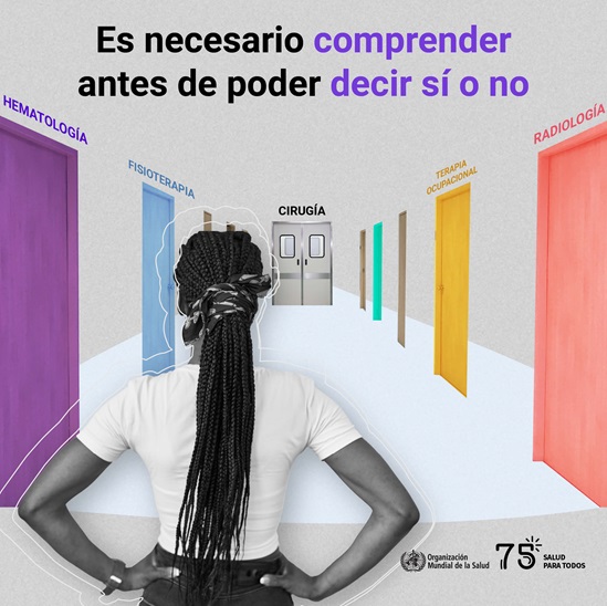 2023 Human Rights Day infographic  "You need to understand before you can say yes or no" in Spanish