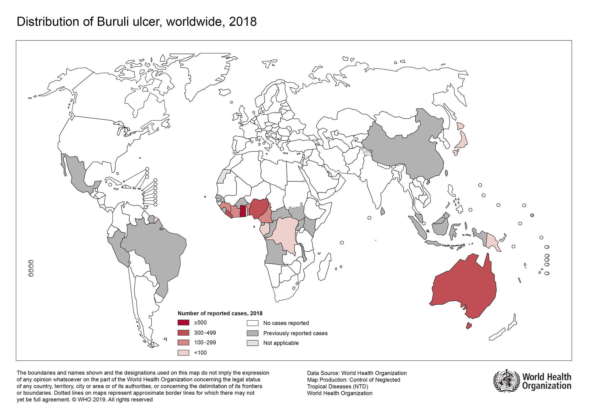 Map of the distribution of Buruli ulcer, worldwide, 2018