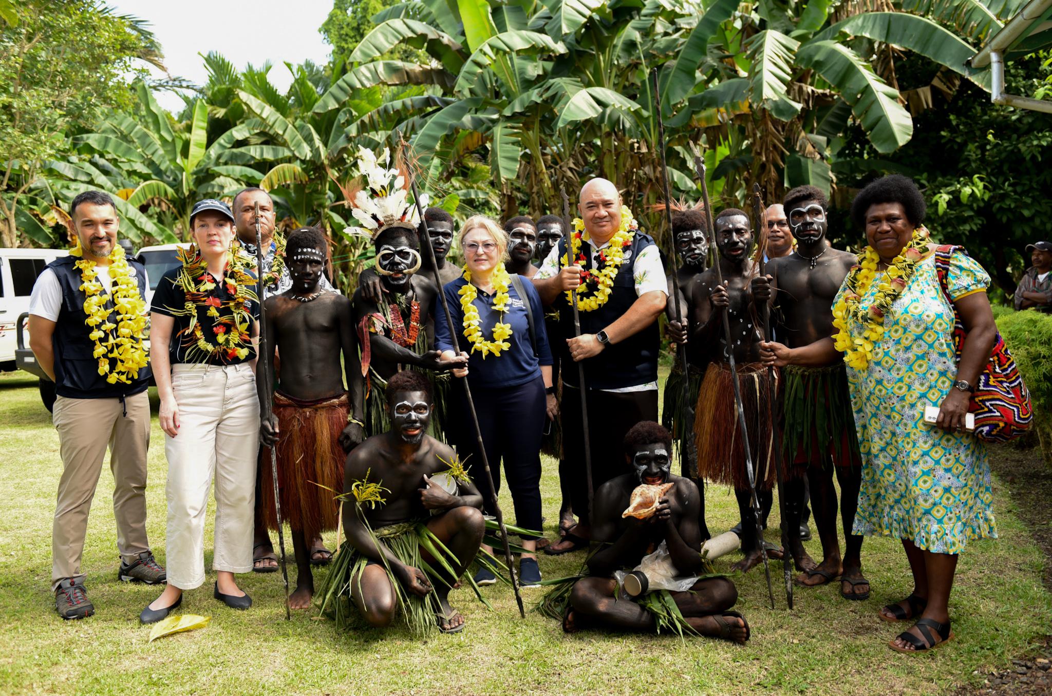 WHO Regional Director Dr Saia Mau Piukala with traditional dances after welcome ceremony