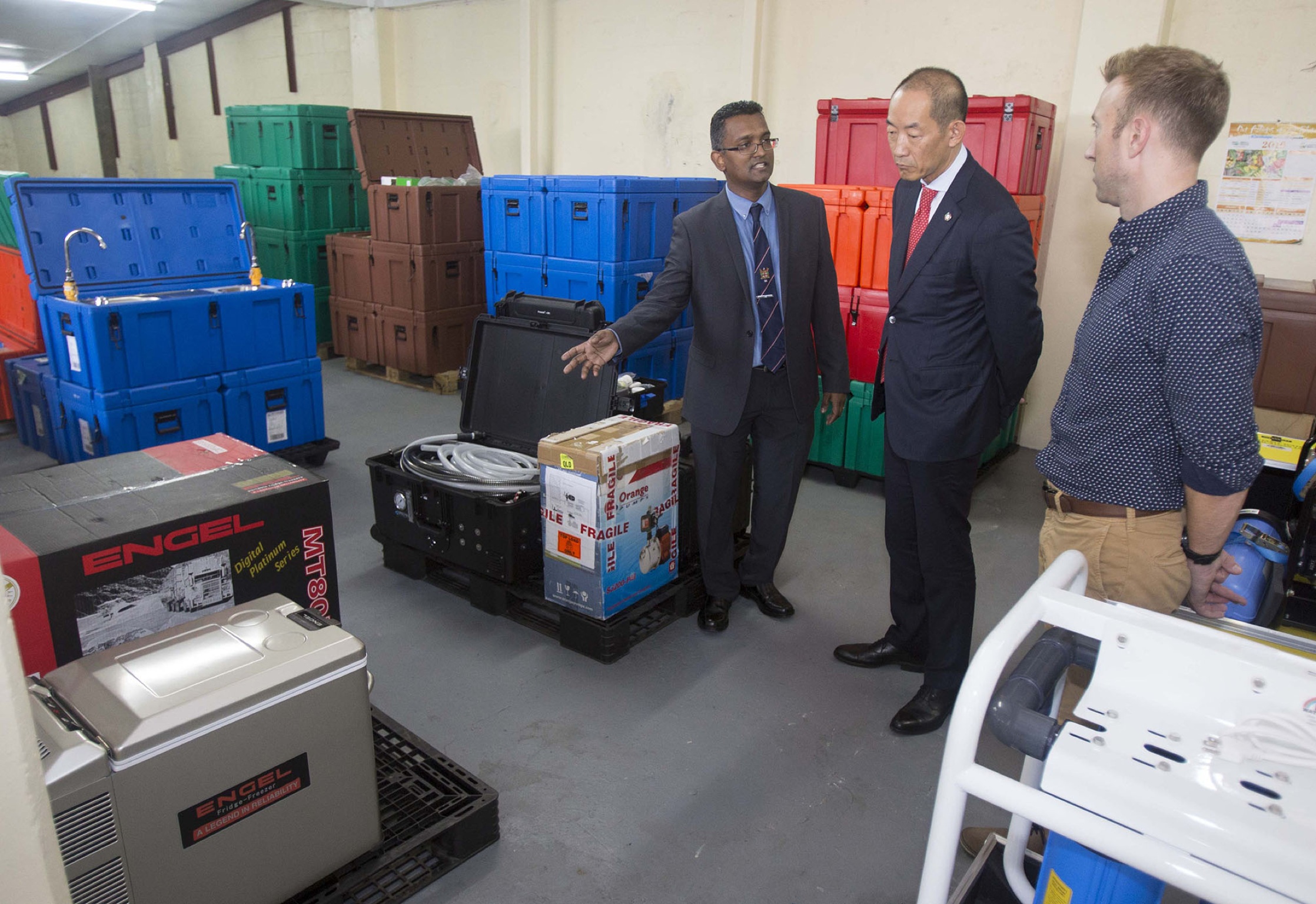 WHO’s Dr Takeshi Kasai visiting Fiji’s Emergency Medical Assistance Team (FEMAT) warehouse, with equipment on standby for deployment